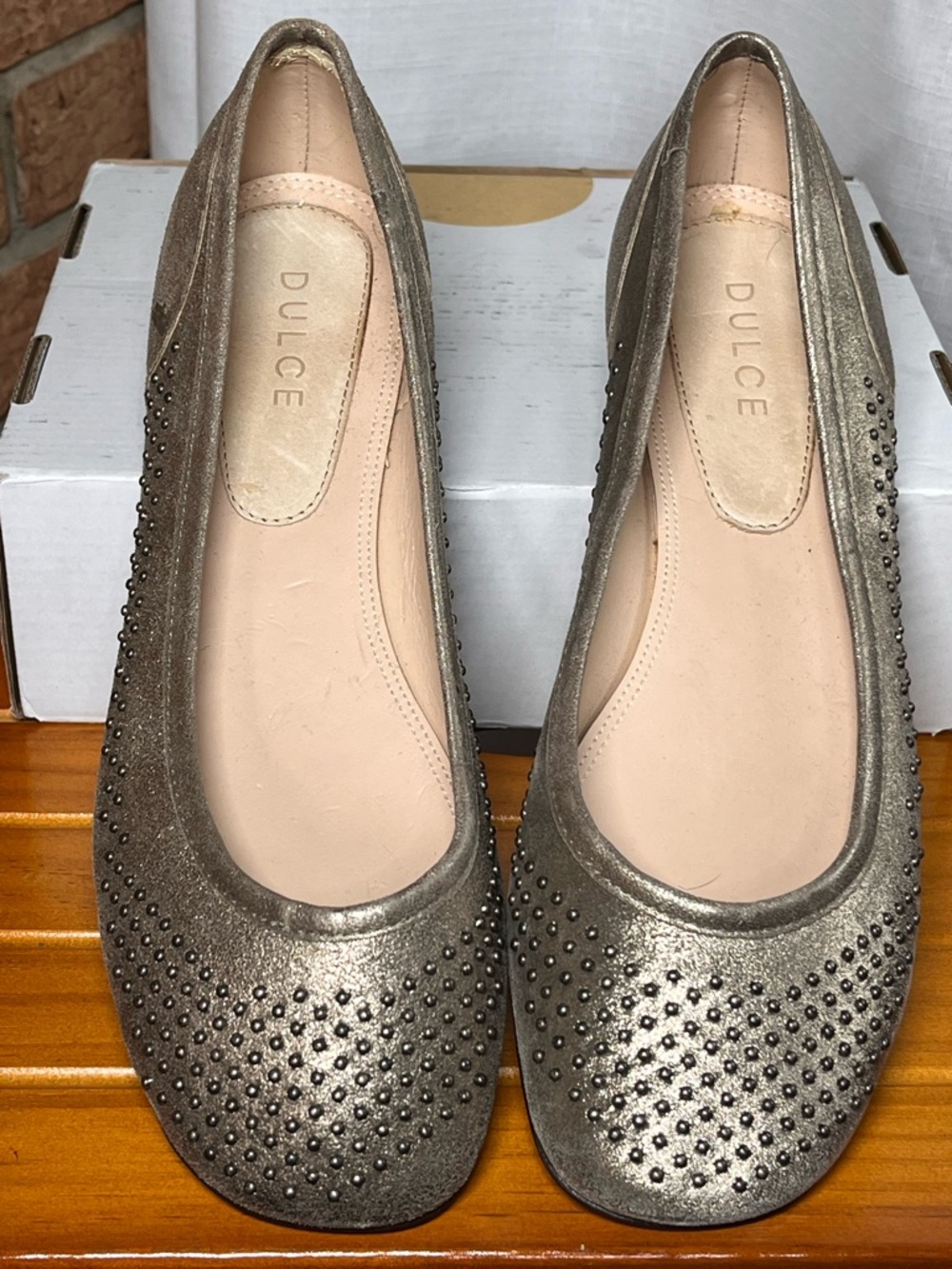 Dulce Ballet Flats Womens 10 Bronze Studded Leather Slip On Shoes Brazil